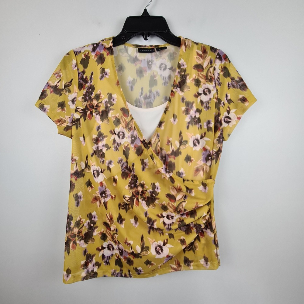 Tahari Womens Medium Floral Mesh Faux Wrap Top Mustard Yellow Short Sleeve Top